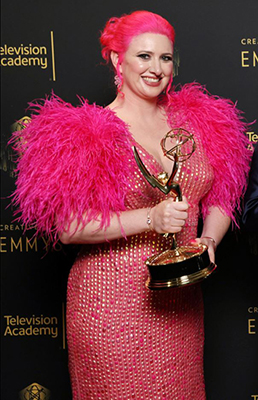 Pink Feathered and Beaded Emmys Gown
